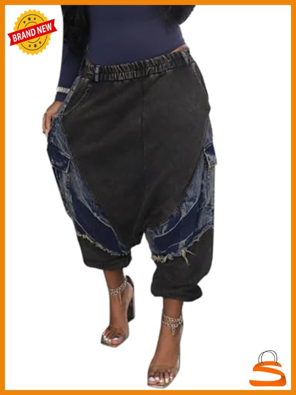Baggy Harem Jeans Y2K Cargo Wide Leg Jogger Trousers Elastic Waist Hippie